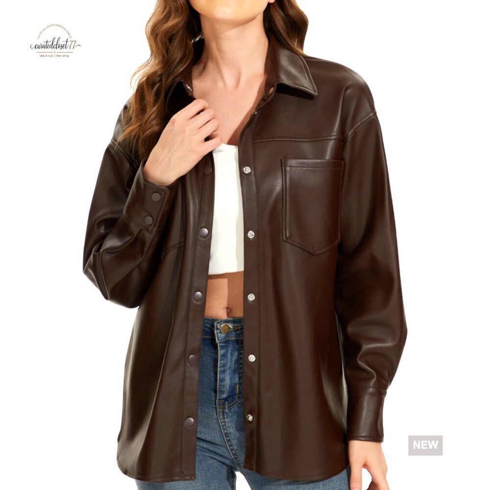 Faux Leather Shacket Moto Biker Jacket Loose Fit Long Sleeve Button Blazer